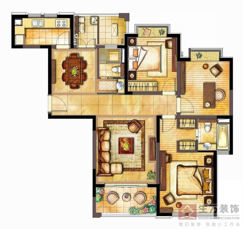 廣州富力集團富力城何女士三房兩廳家庭裝飾裝修平面圖、結構圖、戶型圖
