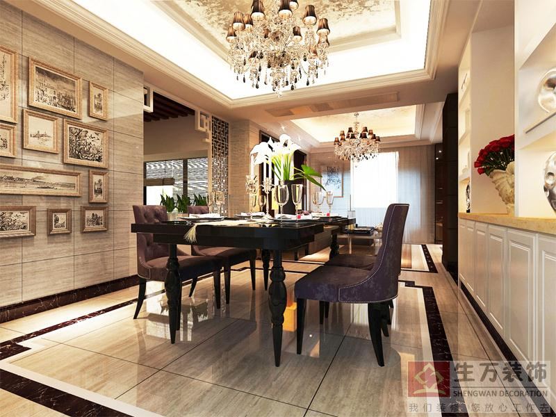 餐廳歐式裝修工藝中，餐廳背景鋪貼拋光磚，玄關過道采用含有中式風格的元素點綴了空間的美感。