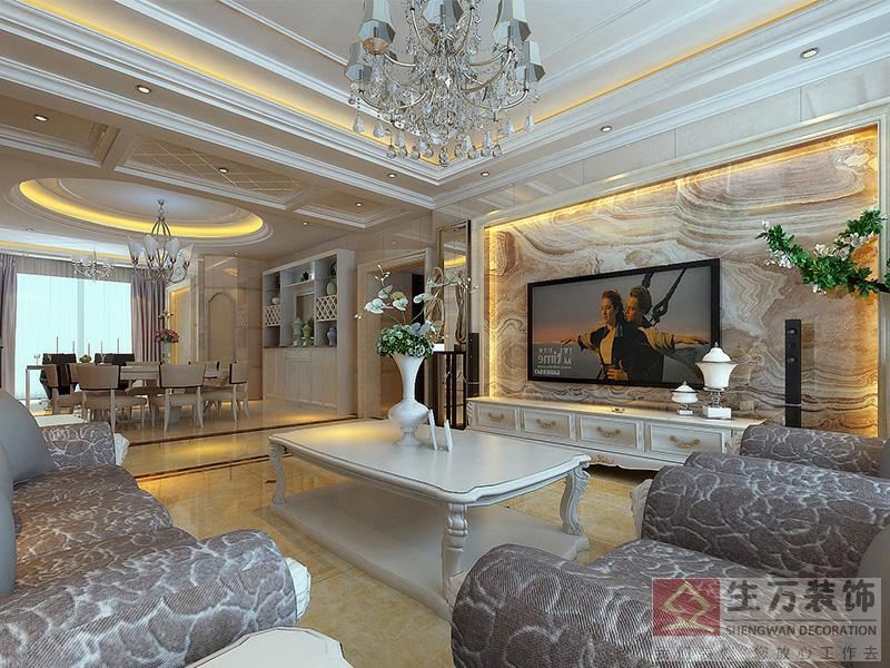  歐式客廳裝修，電視背景干掛大理石，地面鋪貼防大理石拋釉大理瓷磚。