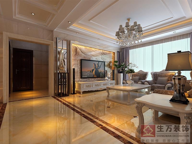 客廳的裝飾設(shè)計(jì)，電視背景與漂亮的石材畫面突出空間亮點(diǎn)，顯得更加豪華大氣。