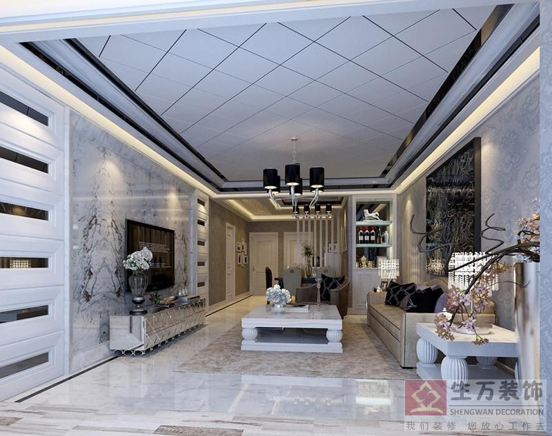 客廳頂面采用了歐式木格裝飾，電視背景干掛大理石，空間無比大氣。