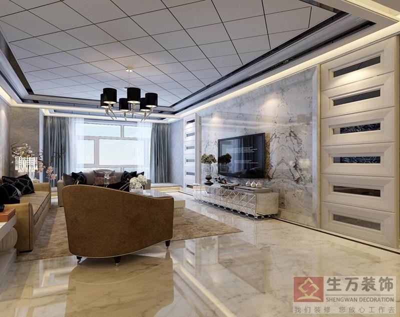 歐式客廳裝修，電視背景干掛進口大理石