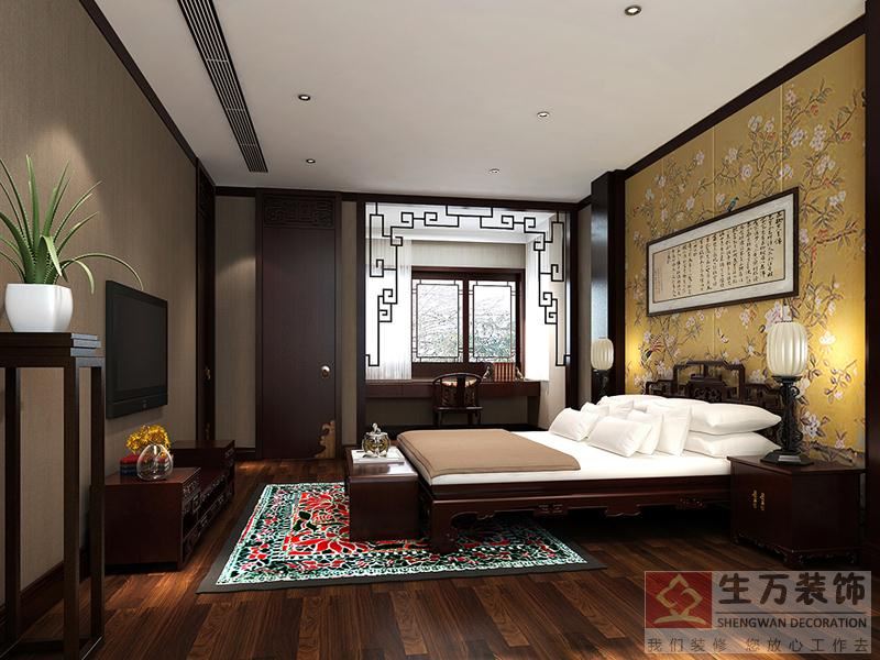中式元素與現代材質的巧妙兼柔，明清家具、窗欞、布藝床品相互輝映，再現了移步變景的精妙小品。